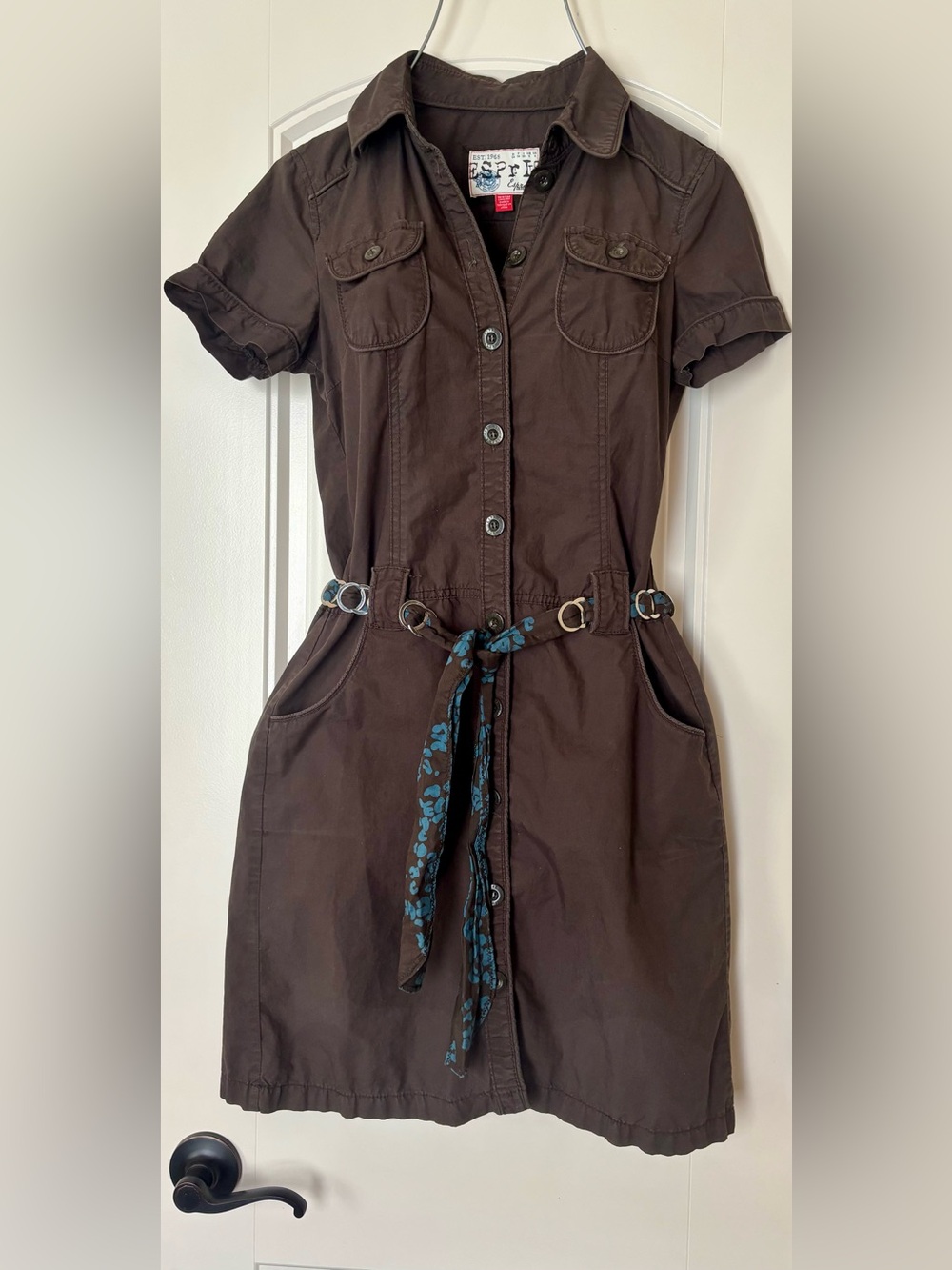 Y2K Vintage Utility Esprit Brown Midi Shirt Dress with Blue-Tone Tie Belt Size 4